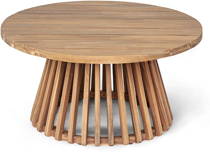 Christopher Knight Home Hakee Acacia Wood Patio Coffee Table, Round Coffee Table with Unique Wooden Base, Stylish Indoor/Outdoor Table, Easy Assembly, 31.5" x 31.5" x 16", Light Teak