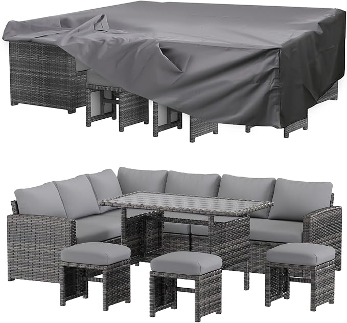 U-MAX 7 Pieces Patio Furniture Set with Waterproof Cover, Outdoor Sectional Sofa Conversation Set, All Weather Wicker Rattan Dining Table & Chair with Ottoman, Grey Rattan&Grey Cushion