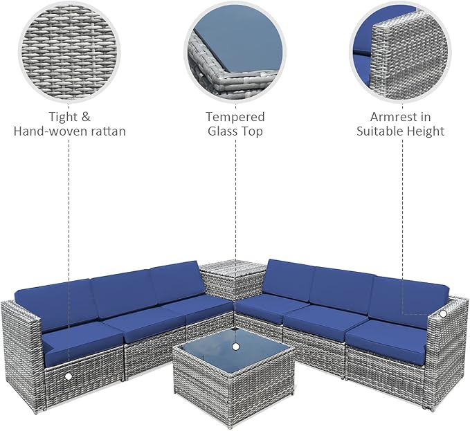 RELAX4LIFE 8-Piece Patio Furniture Set - PE Wicker Conversation Set w/Soft Cushions & Tempered Glass Storage Table, Outdoor Sectional Sofa Set for Garden, Poolside, Backyard (Navy Blue)
