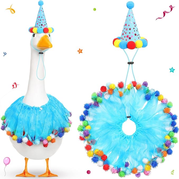 Birthday Porch Goose Outfit Lawn Clothes Hat and Tutu Collar Plastic Outfits for 23" 17" Cement Goose Outdoor Garden Lawn Art Decor(Blue,Hat)