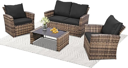 FHFO 4 Piece Outdoor Wicker Patio Furniture Set, Yellow/Black | Sectional Sofa | All-Weather Hand-Woven Rattan | Tempered Glass Coffee Table | Durable Fabric | Indoor & Outdoor Use