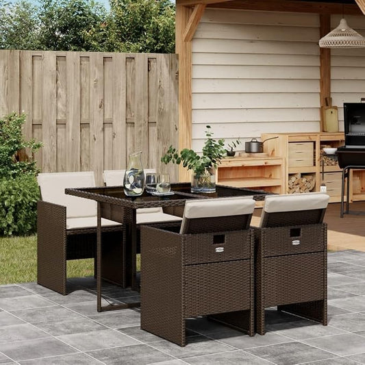 5 Piece Patio Dining Set with Cushions Brown Poly Rattan Outdoor Table and 4 Folding Chairs with Removable Washable Seat Cushions Tempered Glass Top UV Proof Garden Furniture for Backyard Deck Lawn