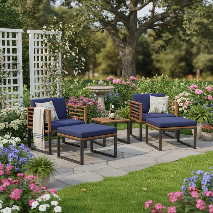 Tangkula 5 Pieces Acacia Wood Patio Furniture Set with Ottomans, Outdoor Conversation Set with Soft Cushions and Coffee Table for Poolside, Garden, Balcony and Backyard, Navy