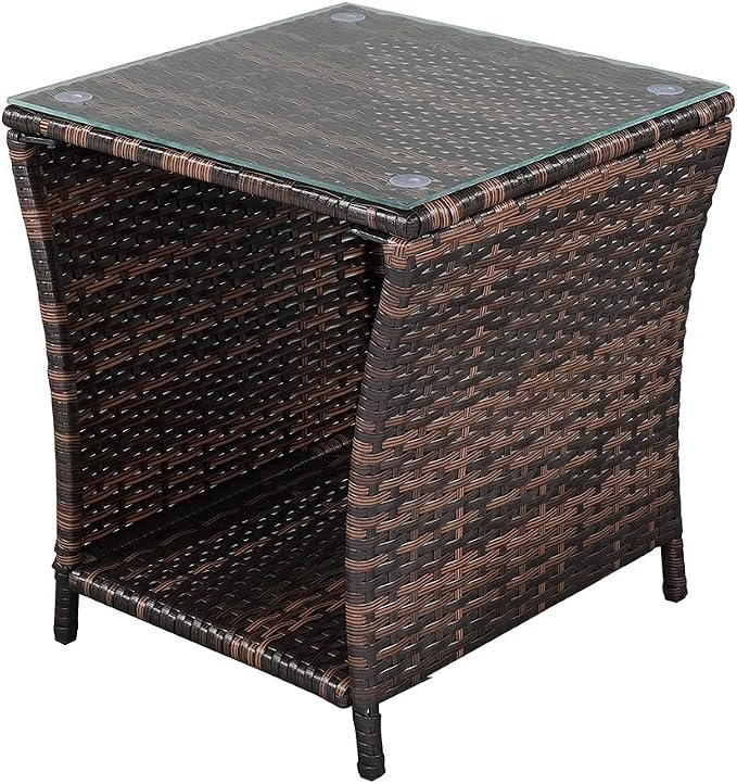 Rattan End Table Side Table, Glass Rattan Coffee Table for Outdoor Backyard Lawn Balcony Pool Square Tempered Glass Top Wicker Rattan End Table Furniture with Storage (Brown5)