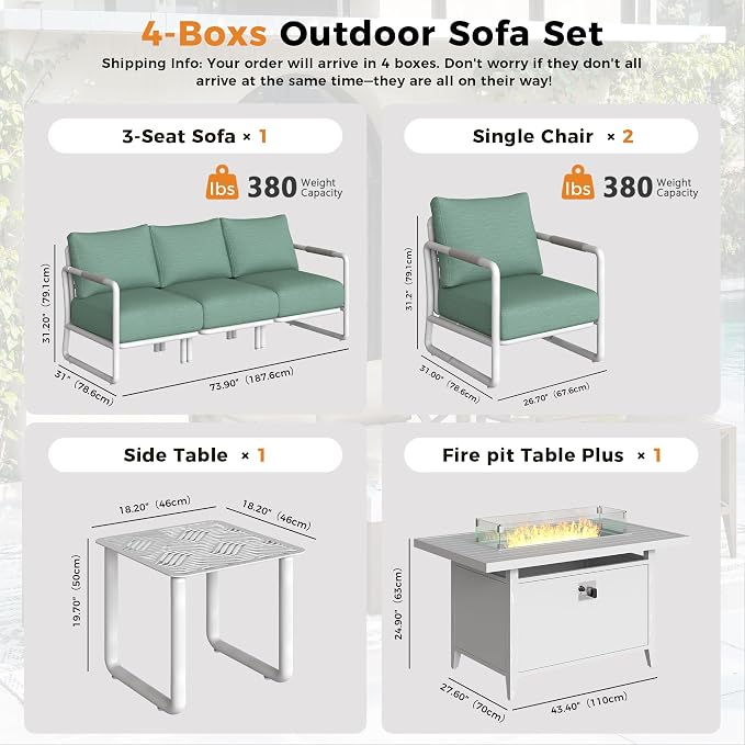 Outdoor Aluminum Patio Furniture Set with 43" Fire Pit Table,5-Seat Outdoor Conversation Set with 6.5" Thick Cushions & Coffee Table, All-Weather Patio Set for Backyard，White