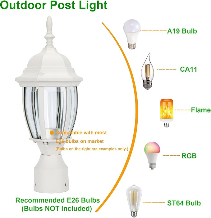 Outdoor Post Light, Rustproof Aluminum Pole Lamp, White | Exterior Lamp Post Light Fixture for Garden, Yard, Pathway, Waterproof, Glass, E26 Base, Max 60W, 2 Pack