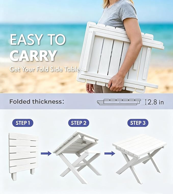 PASAMIC Folding Outdoor Side Table, HDPE Outdoor End Table, All-Weather Patio Table with 17.7" Wide Tabletop, No Assembly, for Porch, Deck, Poolside, White