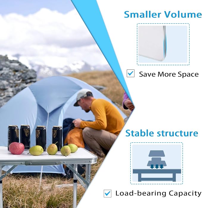 Camp Field Aluminum Folding Small Picnic Table, Adjustable Height Lightweight Portable Camping Table for Picnic Beach Outdoor Indoor (Small White) …