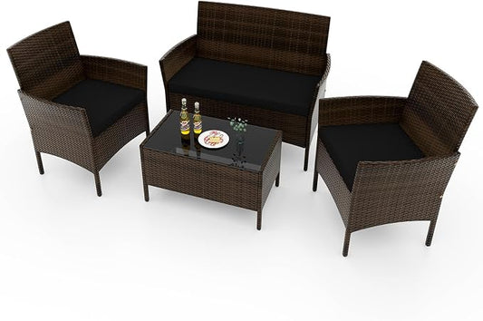RELAX4LIFE 4-Piece Patio Furniture Set - Rattan Outdoor Conversation Bistro Set w/Cushions, Glass Coffee Table, Wicker Chairs & Loveseat for Garden Backyard Porch, Balcony Furniture Set (1, Black)