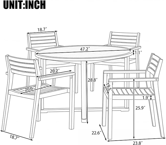 5-Piece Outdoor Dining Set with 4 Acacia Wood Chairs,47.2" Round Dining Table with Umbrella Hole, Ideal for Patios, Gardens, Poolsides, and Lawn Areas & Indoor, Natural