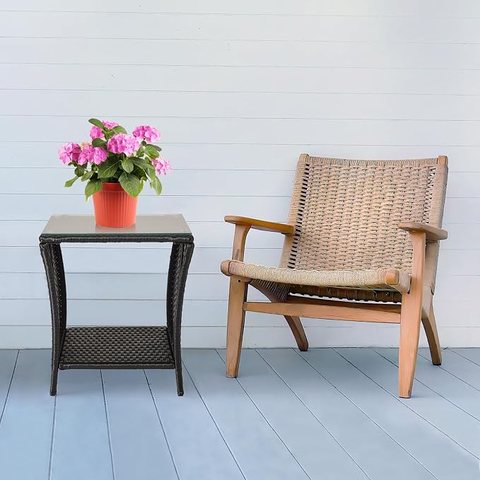 Outdoor Rattan Side Table, Square Coffee Table with Tempered Glass Top and Storage, Black