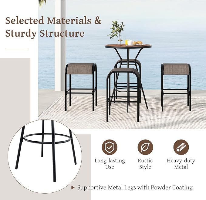 HAPPYGRILL Patio Bar Table with Umbrella Hole, 28” Outdoor Bar Height Table with Faux Wooden Top, Footrest, Patio Bistro Table for Poolside, Backyard, Garden