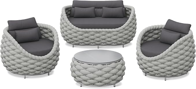 4-Piece Aluminum Wicker Patio Furniture Set, All Weather Rattan Conversation Sofa with Waterproof Cushion & Round Coffee Table, Indoor Balcony Backyard Sectional Couch, Dark Grey