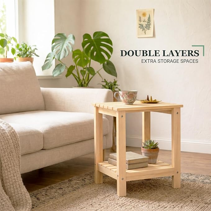 Premium 2-Tier Eucalyptus Wood Side Table with Slatted Storage Shelf, 13" x 16" x 17.5", Wooden Accent Table for Living Room, Entryway or Bedside (Natural)
