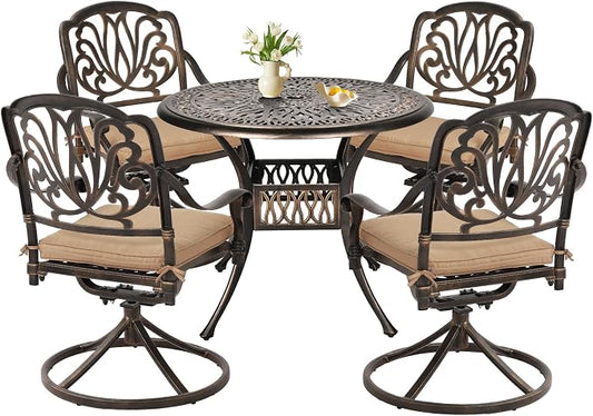 TITIMO 5-Piece Cast Aluminum Outdoor Patio Dining Set, 4 Pattern Chairs and Table, Cast Aluminum Conversation Set with 2.2” Umbrella Hole, 1 Round Table and 4 Swivel Chairs with Cushions (Khaki)