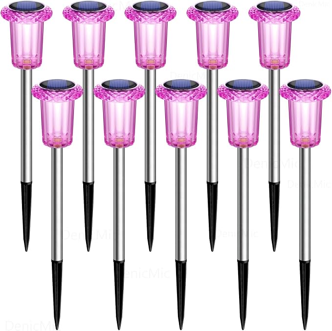 DenicMic Solar Outdoor Lights 10 Pack Pink LED Valentines/Mothers Day Decor | Garden Decor for Outside Yard Patio Flowerbed Pathway Starburst Pattern, Acrylic Diamond-like Lampshade Stainless Steel Pole