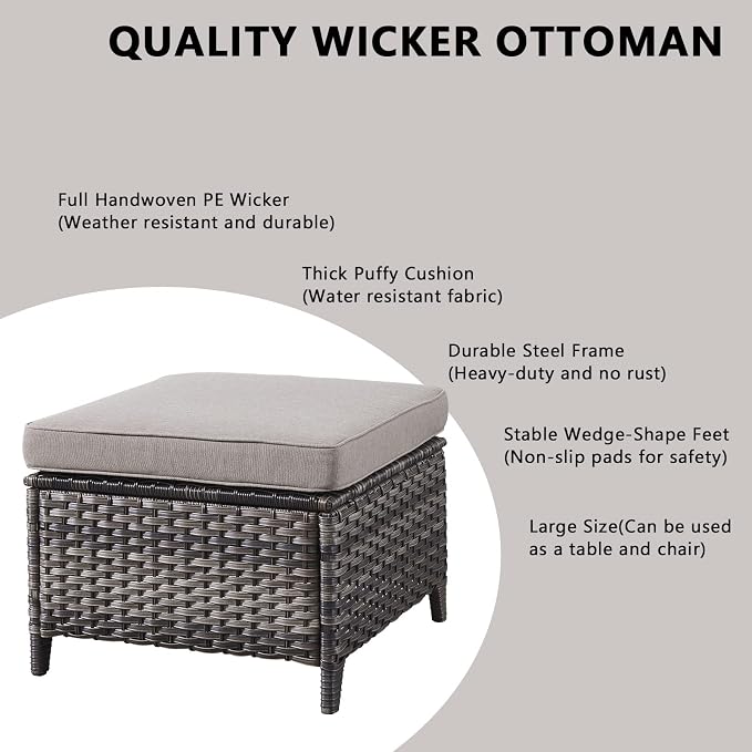 Rilyson Luxury 4 Pieces Patio Wicker Furniture Ottomans, Wicker Patio Chairs Set of 2 with Ottoman, Rattan Outdoor Porch Chair with Thick Cushion for Balcony Deck Yard and Porch (Grey/Grey)
