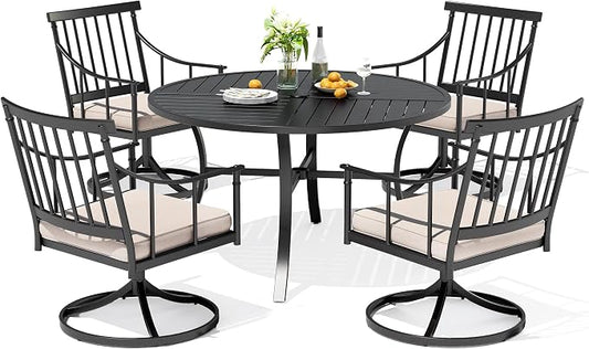 PHI VILLA Patio Dining Set, Swivel Chairs, 42" Round Metal Table | Metal chairs, 1.57" umbrella hole, 360° swivel, Cushions