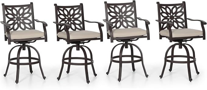 PHI VILLA Outdoor Swivel Bar Stools Set of 4, Cast Aluminum Patio Bar Height Chairs with Seat Cushion, All-Weather Bar Dining Chairs Metal Bistro Chairs