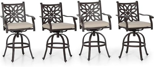 PHI VILLA Outdoor Swivel Bar Stools Set of 4, Cast Aluminum Patio Bar Height Chairs with Seat Cushion, All-Weather Bar Dining Chairs Metal Bistro Chairs