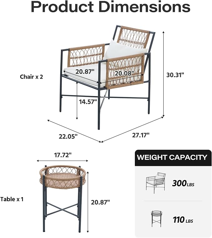 LAUSAINT HOME 3 Piece Patio Furniture Set, Outdoor Wicker Bistro Set with Handwoven PE Rattan Chairs & Round Side Table, Steel Frame Conversation Set for Patio, Balcony, Backyard, Poolside, Beige