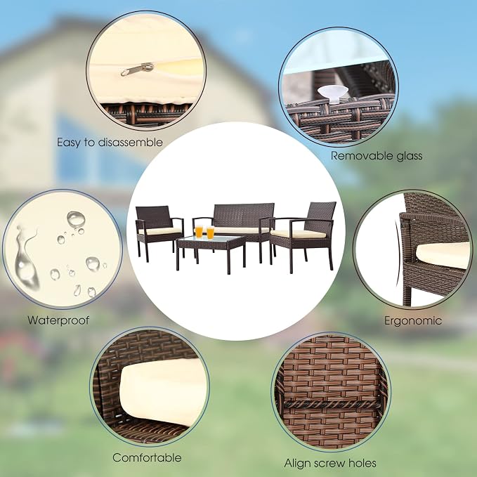 4 Piece Outdoor Patio Furniture Set, Rattan Patio Conversation Set | Thick Polyester Cushions, Tempered Coffee Table, Steel Frame Easy Assembly, Suit for Backyard Porch Poolside Balcony, Beige