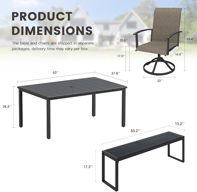 6 Pieces Patio Dining Set with Outdoor Bench, 63" Rectangular Patio Dining Table and Swivel Chairs for 6-7 People, Outdoor Furniture Set for Garden Deck, Mixed Brown & Black