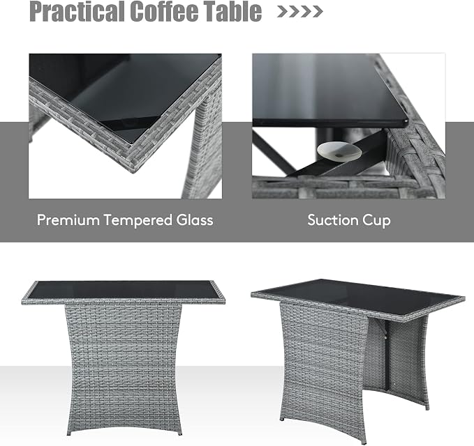 Tangkula 3 Pieces Patio Dining Set, Patiojoy Space-saving PE Rattan Bistro Set with Tempered Glass Top Table and Cushioned Chairs, Outdoor Conversation Set for Garden, Backyard, Poolside, Porch (Gray)