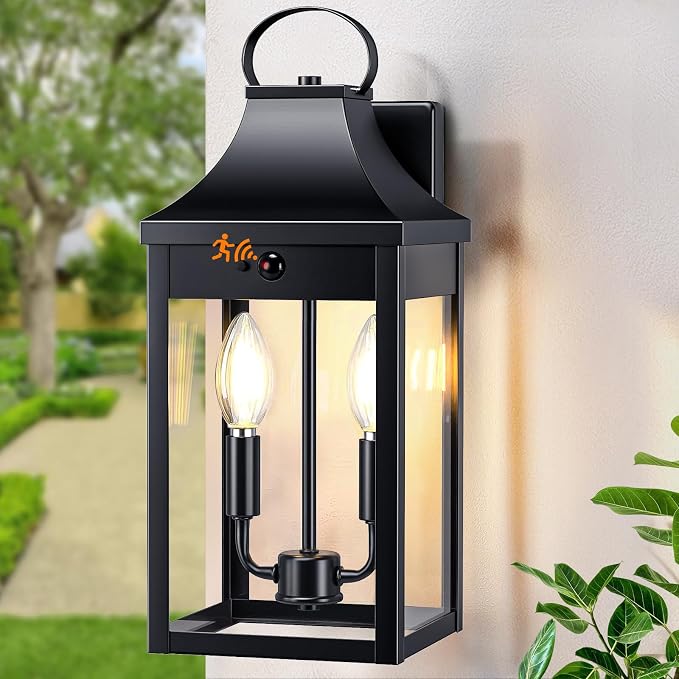 15.5'' Motion Sensor Outdoor Wall Light, Dusk to Dawn Outdoor Lighting | Large Black Modern Sconces Lantern Porch Lights, Exterior Lighting Fixtures with E12, Outside lights for House, 3 Modes