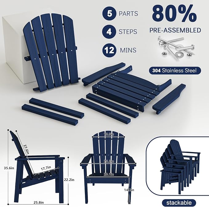 nevilywood Compact Stackable Adirondack Chairs,All Weather HDPE,380lb,Navy | 26.3" Wide HDPE.All-Weather Outdoor.Maintenance-Free.Stackable for Storage.25°Curved Straight Backrest.Quick Assembly