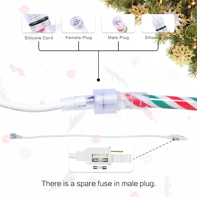Vigdur Candy Cane Rope Lights Outdoor, 33FT 216 LEDs Christamas Rope Lights | Connectable And Flexible Clear Tube, IP65 Waterproof, Christmas Rope Lights for Patios Gardens Parties And Christmas Décor