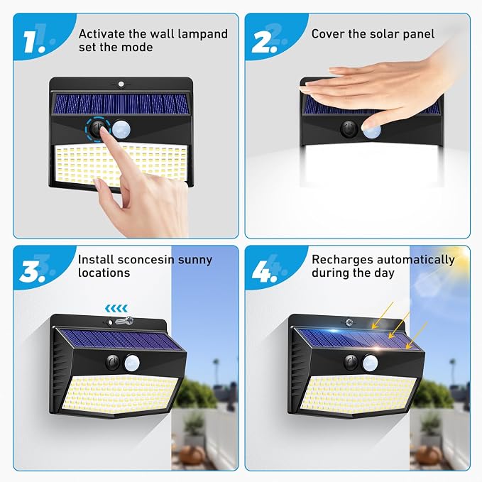 2 Packs Solar Outdoor Lights Motion Sensor Solar Security Lights Waterproof with 3 Lighting Modes Solar Powered Wall Lights Outside for Garden Fence Yard