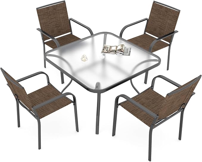 Outdoor 37" Square Glass Table & Brown Stackable Chairs Patio Dining Set 5 | 4 Piece Stackable Chairs Textilene Seat and Back, Table & Chair with Metal Frame, Square Glass Table Top, 1.7" Umbrella Hole