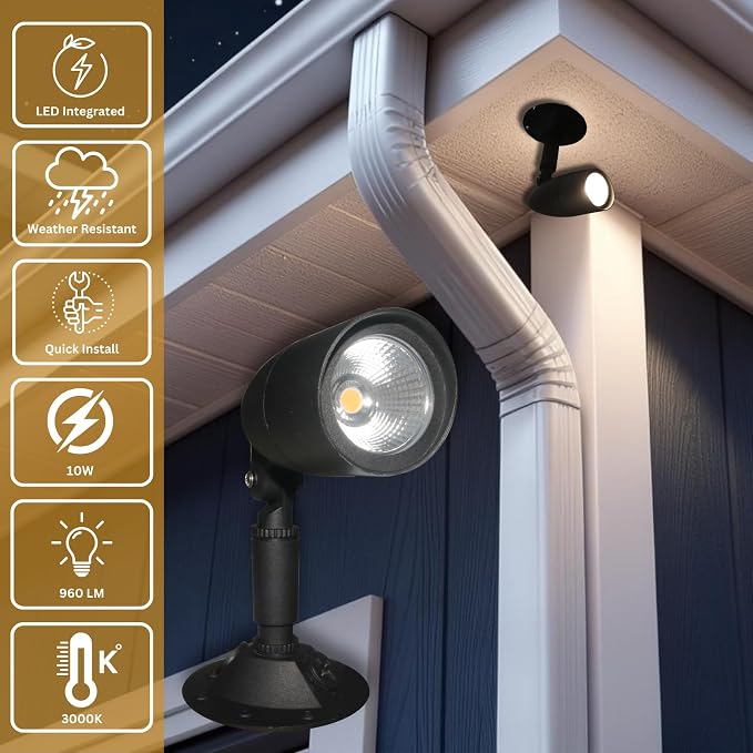 LED Outdoor Single Bullet Flood Light, 10W Hardwired Spotlight, Waterproof Security Light for Yard, Patio & Landscape, 3000K Warm White, 960 Lumens, Adjustable, Black Metal Exterior