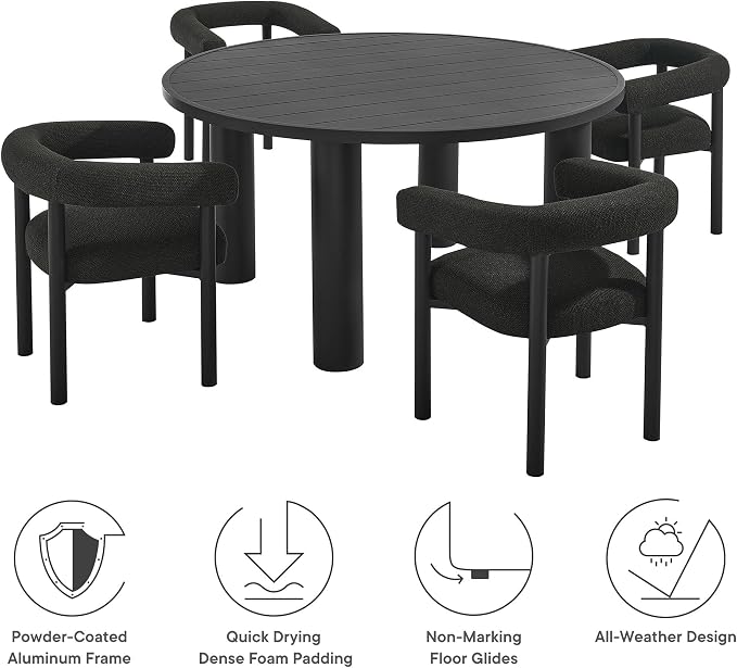 Modway Nautica 5-Piece Outdoor Round Dining Set in Charcoal Graphite – Aluminum Patio Table and Chairs for 4 – Deck Table and Chairs - Small Outdoor Dining Set with Upholstered Curved Back Armchairs