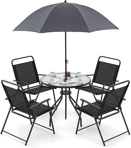 Giantex 6 Pieces Patio Dining Set, Folding Patio Chairs Set of 4, Tempered Glass Umbrella Table with Hole, Patio Table and Chairs for Lawn, Deck, Poolside, Backyard (Grey)