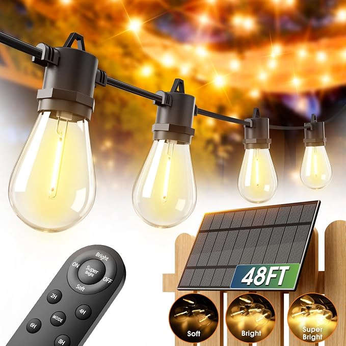 addlon 54FT(2FT) Solar String Lights Outdoor, with 24 Bulbs, Last 20+ Hrs | USB Charging, IP65 Waterproof. Dimmable Timer via Remote. Memory, 3 Modes, 2700K Warm White. Easy Install for Patio, Porch.