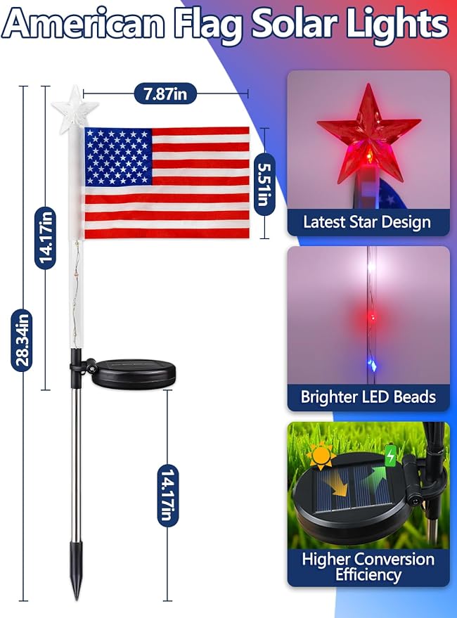 8 Pack American Flag Solar Lights Outdoor, 4th of July Decorations Lights | 2 Modes Red White and Blue Star Lights Waterproof, Solar Patriotic Outdoor for Independence Memorial Day Garden Yard Pathway