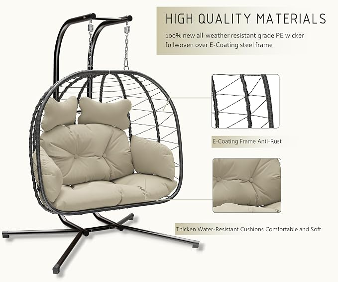 Double Egg Chair wth Stand Hammock Swing Chair Foldable Hanging Loveseat, UV Resistant Removable Cushions, 700LBS Capacity