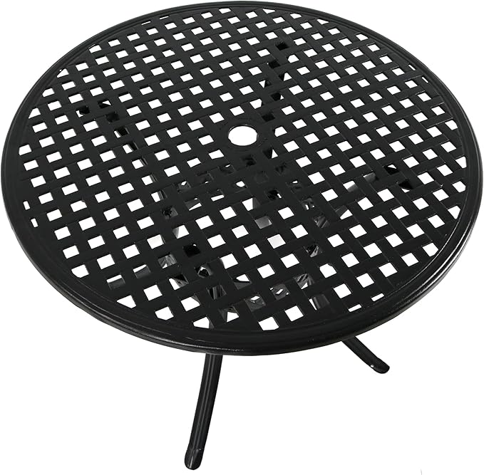 Sunnydaze Decorative Lattice Cast Aluminum Patio Dining Table with Umbrella Hole - 33-Inch Diameter - Black