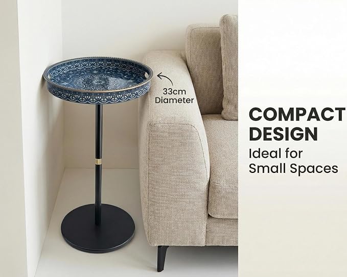 Gesodant Boho Single Leg Round Side Table with Tray Top, Pedestal Drink Table for Small Spaces, Aesthetic Accent Nightstand for Living Room, Bedroom, Corners, and Office (Blue Maze)