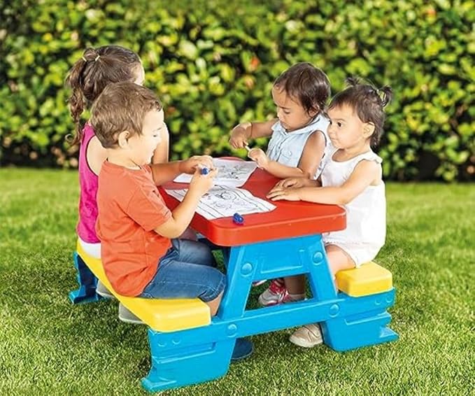 DOLU : Big Plastic Picnic Table for 4 - Blue, Red, Yellow - Indoor & Outdoor Use, 44lb Capacity, 44x77x71, Designed for Toddlers & Kids Ages 2+