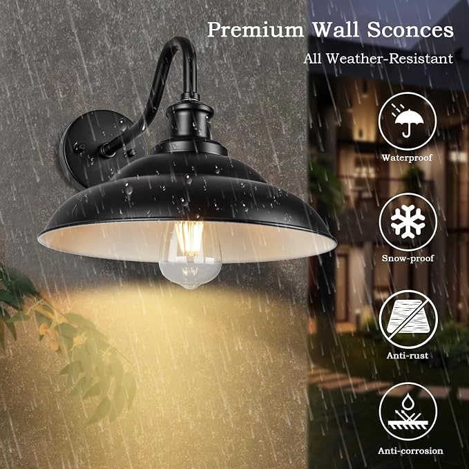 Outdoor Barn Light, 12'' Farmhouse Exterior Wall Mount Light, Outdoor Indoor Wall Sconce, Vintage Outside Lighting, Industrial Black Lantern for Garage Patio, 2 Pack