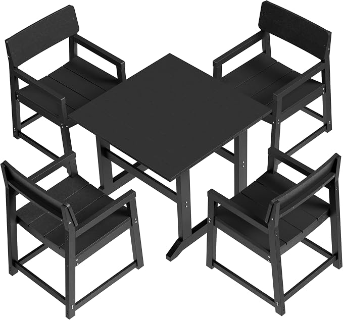 Shintenchi 5 Pieces Outdoor Dining Set,HDPE Outdoor Table and Chairs Set for 4,All Weather Patio Furniture Sets,Modern Wooden Textured Dining Sets for Backyard,Garden,Black