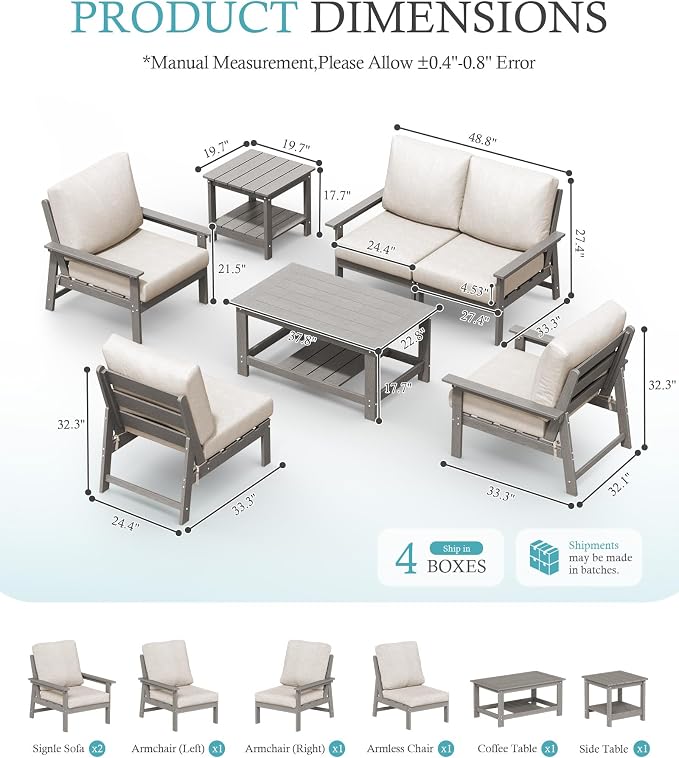 Ciokea Modular Patio Furniture Set with Thicked Cushions, 7Pcs All-Weather Outdoor Conversation Set with Coffee Table & Side Table, Modern Sectional Sofa Set for Deck (Grey Frame/Beige Cushions)