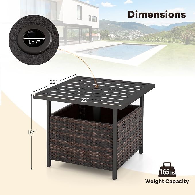 HAPPYGRILL Wicker Patio Umbrella Table with 1.57” Umbrella Hole, Outdoor Rattan Side Table with Heavy Duty Metal Frame, 22” Square PE Rattan End Table for Deck Backyard Poolside (Mix Brown)