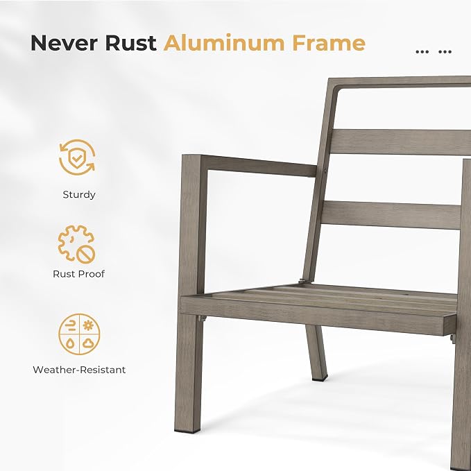 HAPPATIO Aluminum Patio Furniture Set, 3 Pieces Conversation Set with Thick Cushions and Side Table, Waterproof and Rustproof for All Weather, Seating Sofa for Garden, Backyard, Porch, Grey