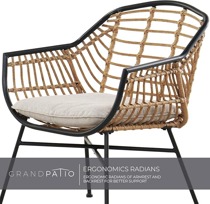 Grand patio Patio Furniture Set, Outdoor Wicker Patio Conversation Seating Chair with Cushions and Coffee Table, Boho Seating Chat Set for Indoor Outdoor, Balcony, Porch, Garden, Deck