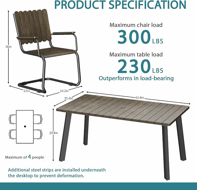 5 Piece Outdoor Conversation Set for 4, HDPE Patio Seating Set with Table and Chairs, All-Weather Outdoor Lounge Furniture with Umbrella Hole for Garden, Porch, Poolside, Gray