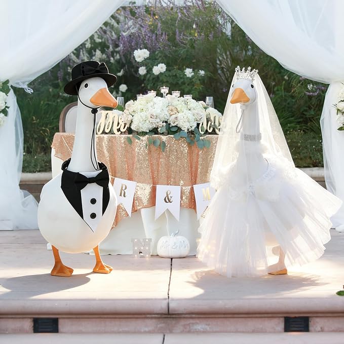 Wedding Porch Goose Outfit Set Bride Groom Costume | Includes Crown Veil Bow Tie Petticoat Collar Necklace Ideal for 23 Inch Outdoor Geese Couple Decor